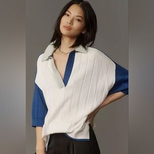 Oversized Collared V-Neck Cotton Sweater - Beige